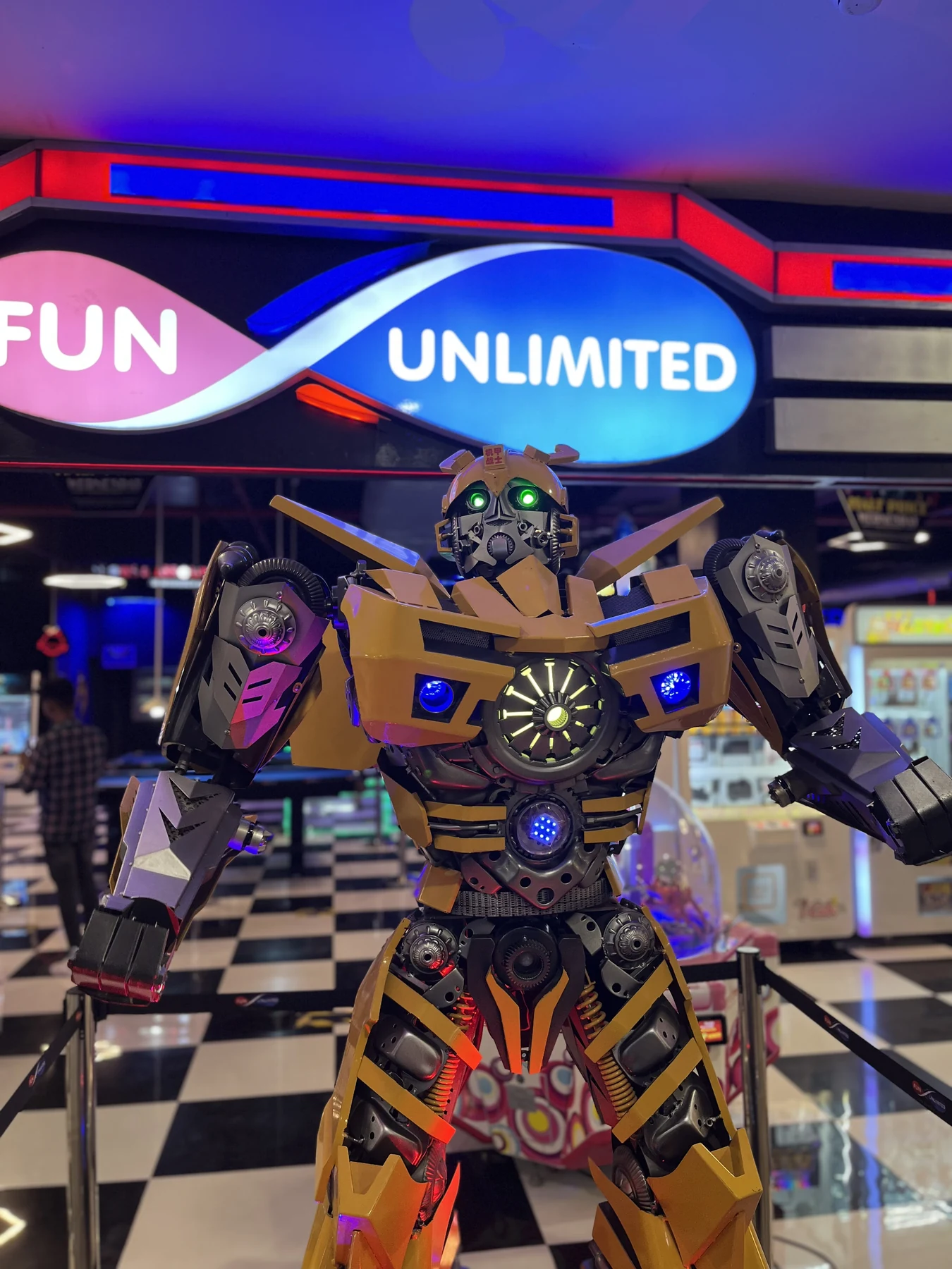 Bumblebee statue outside a gaming arcade