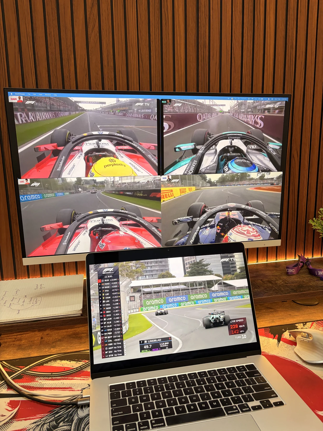 Watching a Formula 1 race on a dual-screen setup