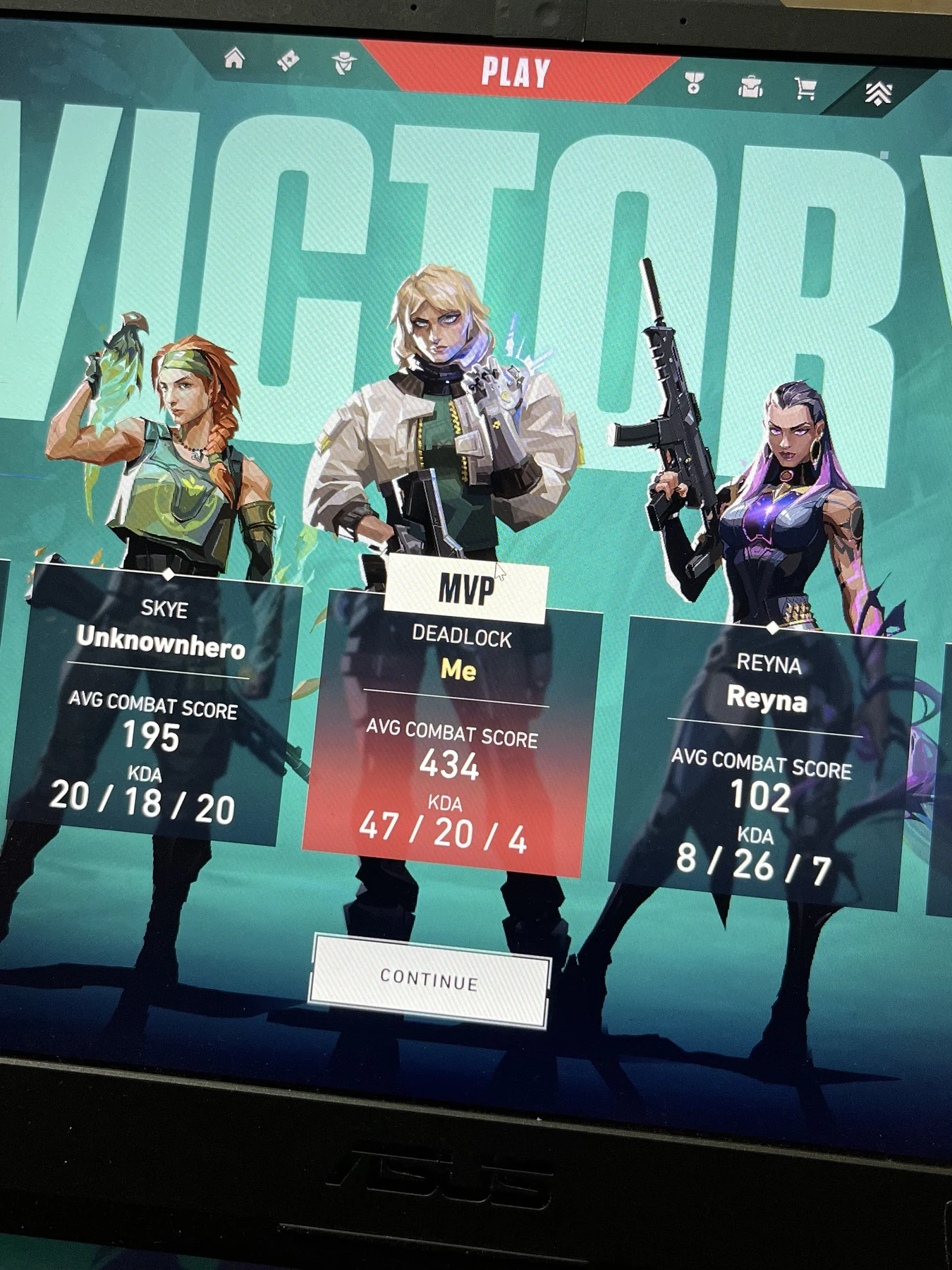 Valorant victory screen with an MVP badge