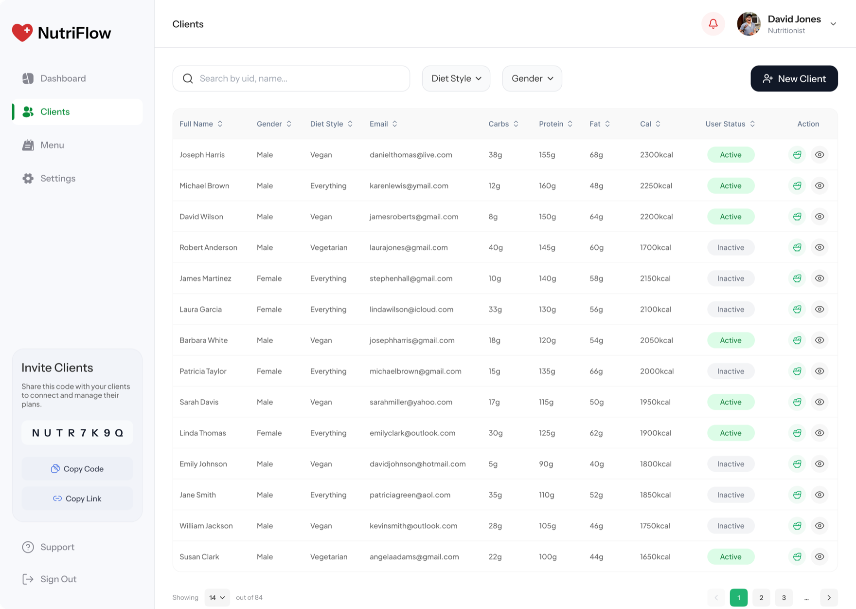 Client roster: searchable, filterable, with macros and status at a glance
