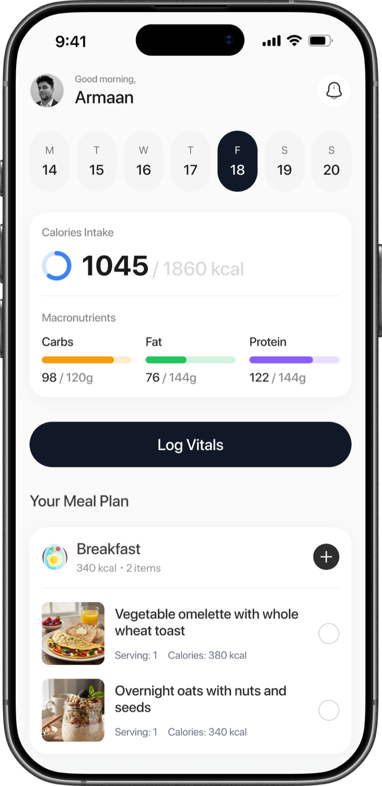 Home screen with today's calories, macros and plan