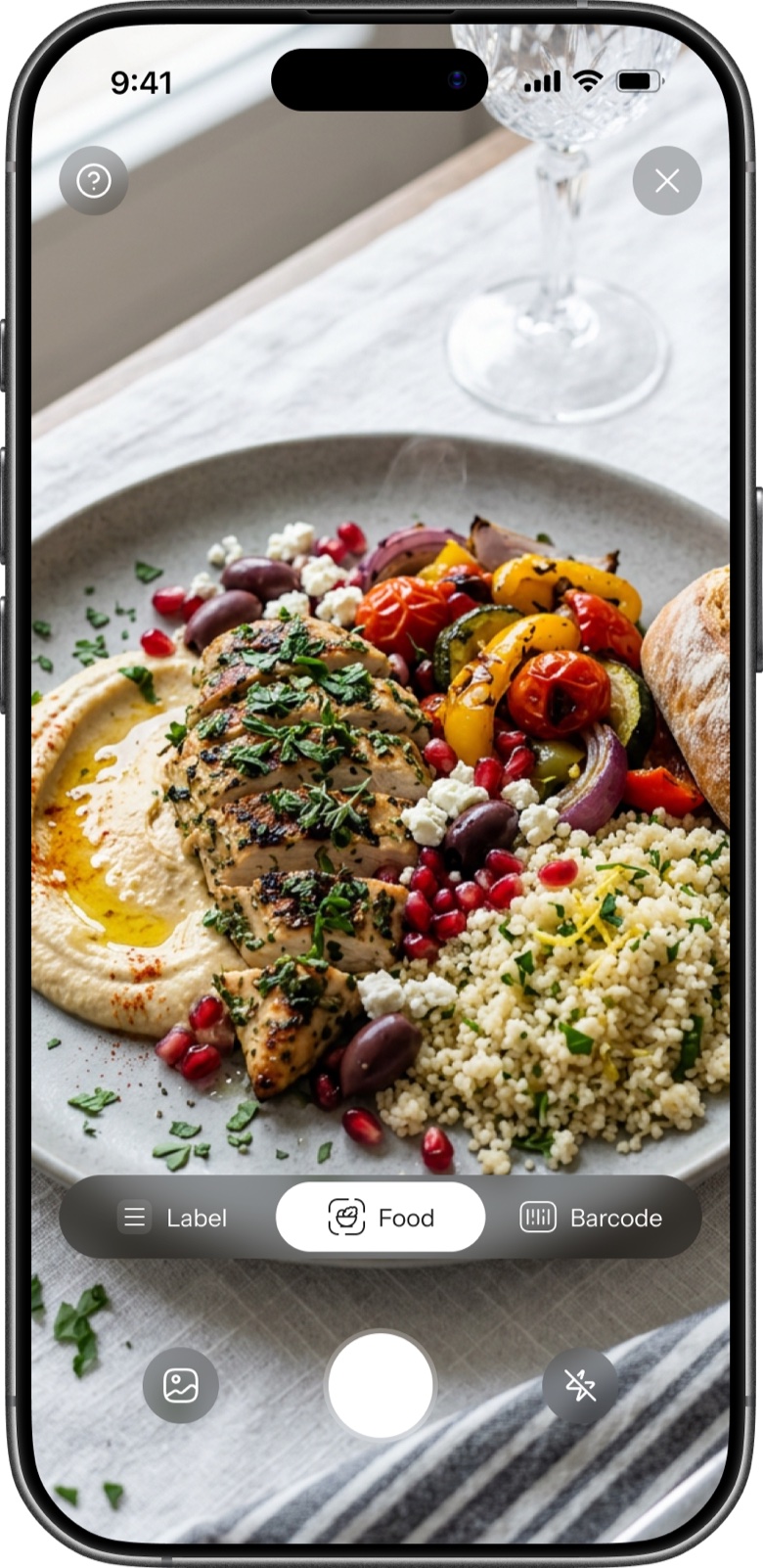 Logging a meal by AI photo, barcode or label