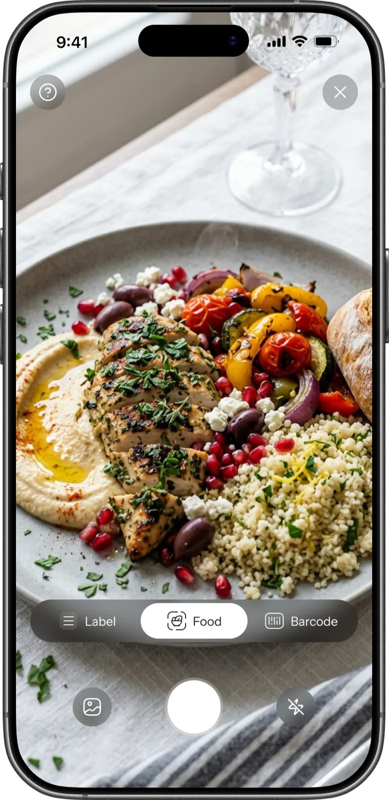 Logging a meal by AI photo, barcode or label
