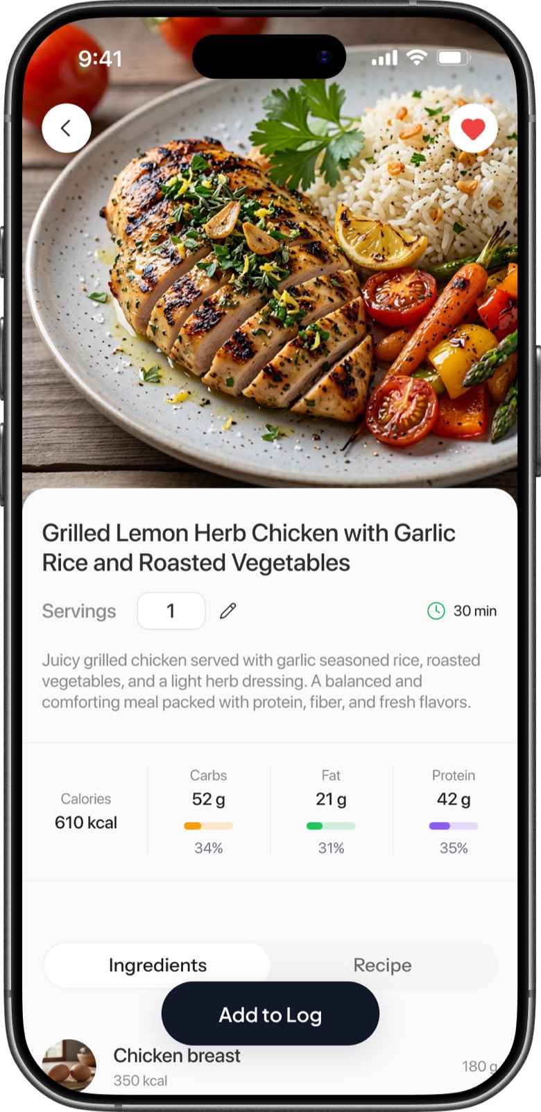 Recipe detail with macros up front and ingredients a tap away