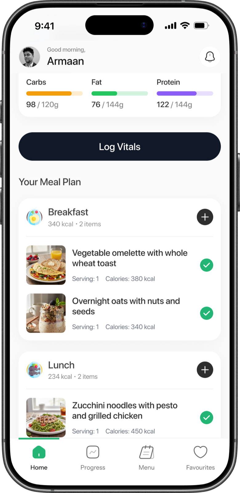 Weekly meal plan assigned by the nutritionist