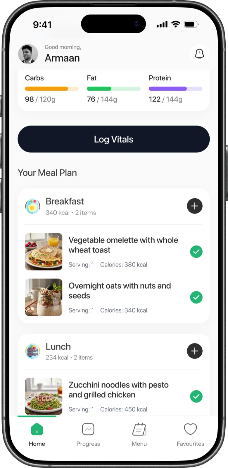 Weekly meal plan assigned by the nutritionist