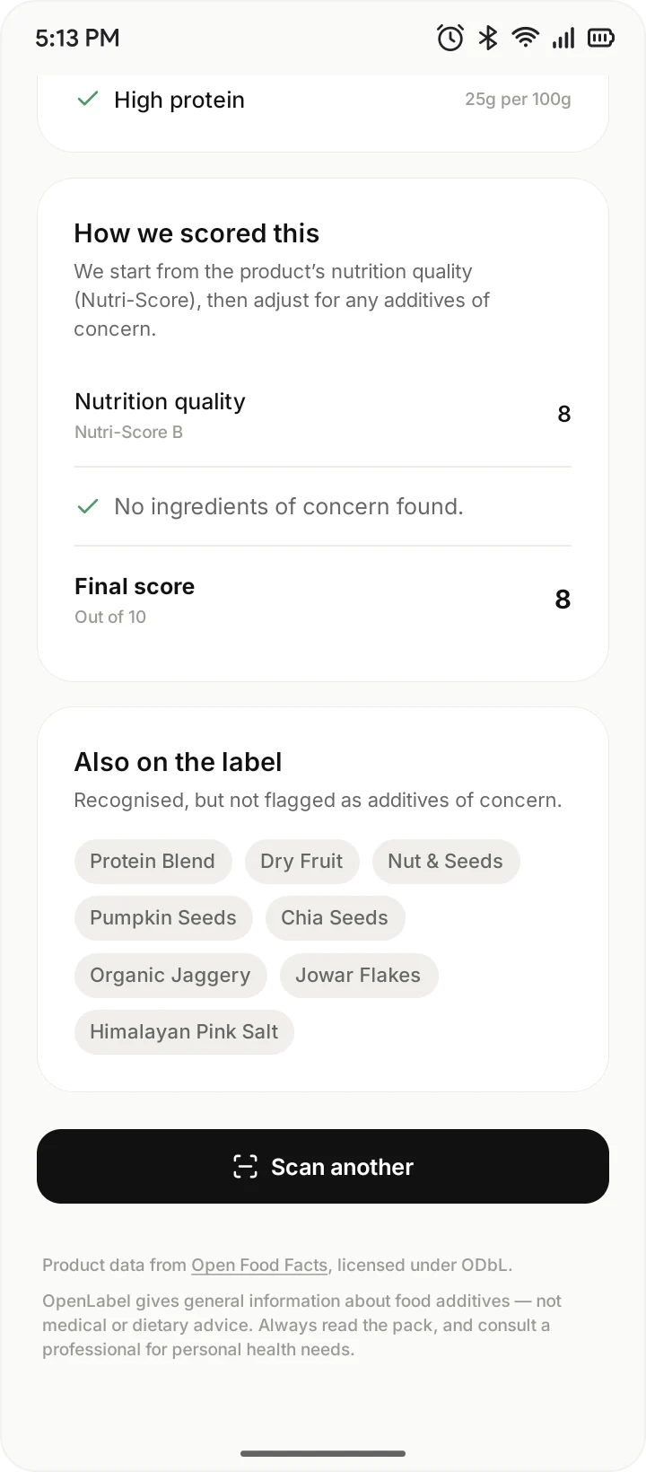 OpenLabel scoring breakdown for the oats: Nutri-Score B, no ingredients of concern