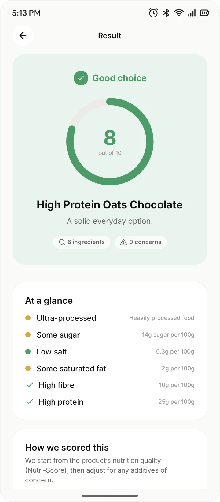 OpenLabel result: High Protein Oats, Good choice, 8 out of 10